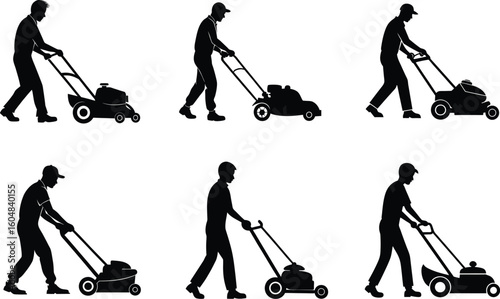 Silhouettes of people mowing lawns with lawnmowers, black and white images