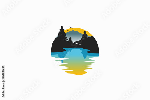 Lake logo design with mountain view vector illustration