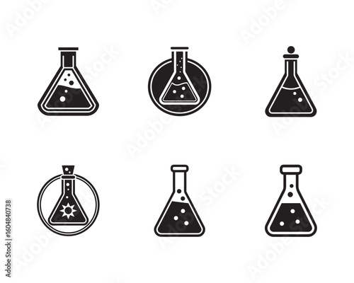 Collection of Chemical Beakers and Flasks in Black and White for Science and Laboratory Designs vector graphic