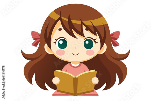 Adorable vector illustration of a cute cartoon girl with long brown hair, smiling while reading a teal book.