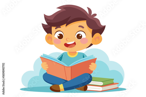 Adorable vector illustration of a cute cartoon girl with long brown hair, smiling while reading a teal book.
