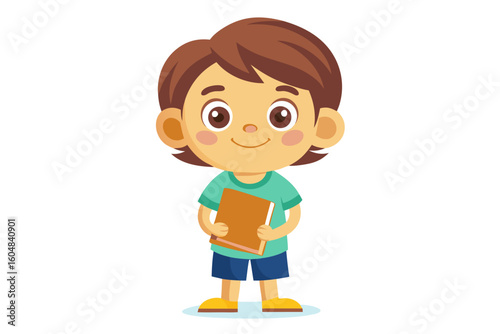 Adorable vector illustration of a cute cartoon girl with long brown hair, smiling while reading a teal book.