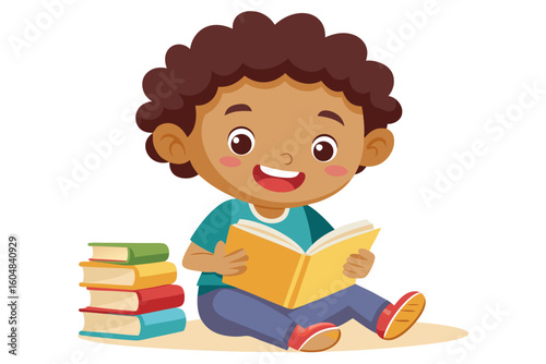 Adorable vector illustration of a cute cartoon girl with long brown hair, smiling while reading a teal book.