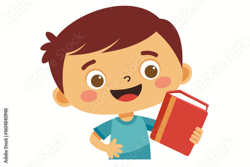 Adorable vector illustration of a cute cartoon girl with long brown hair, smiling while reading a teal book.