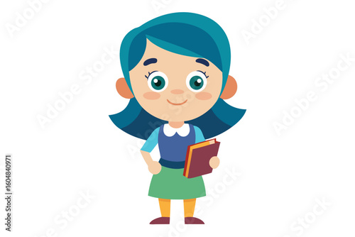 Adorable vector illustration of a cute cartoon girl with long brown hair, smiling while reading a teal book.