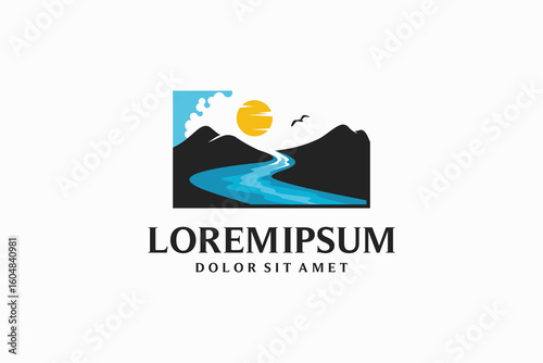 Vector logo design of a river in the middle of the mountains, creative natural landscape illustration