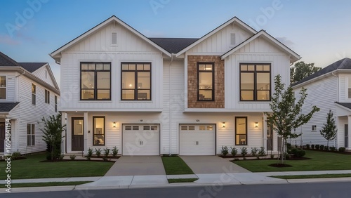 Modern Farmhouse Twin Homes, Evening Twilight, Suburban Development, White Siding, Warm Lighting, Inviting Exterior.