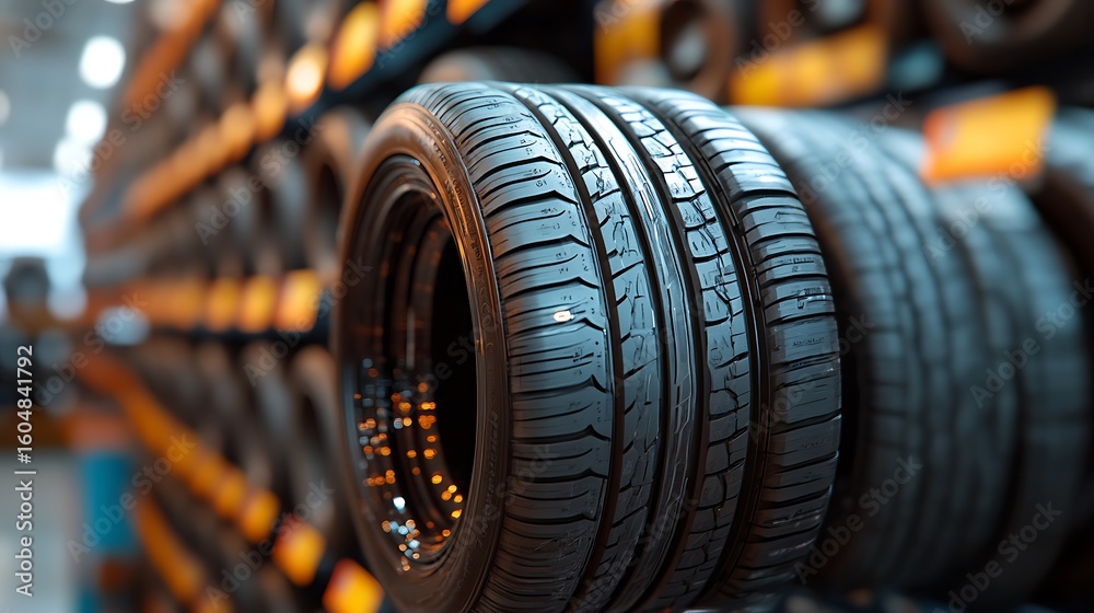 Obraz premium New Car Tires Auto Shop Shelf.