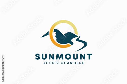 Sun mountain logo vector design with road or river symbol, creative illustration