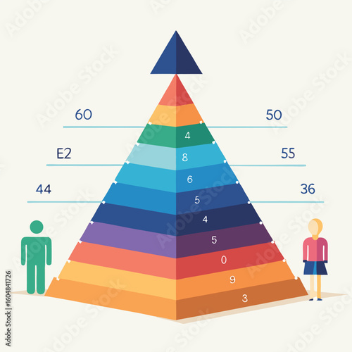 Colorful geometric pyramid with numerical data representing population statistics and two stylized figures symbolizing people.