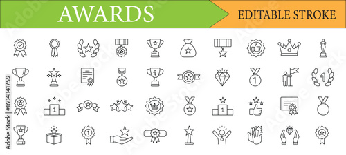 Awards and Trophies Line Icons Editable Stroke Set