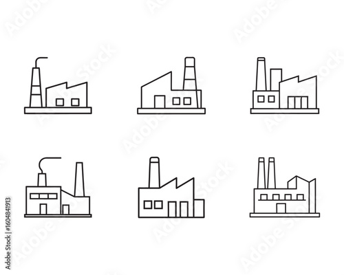 Collection of factory icon vector illustrations representing industrial buildings and manufacturing facilities in a line art style design