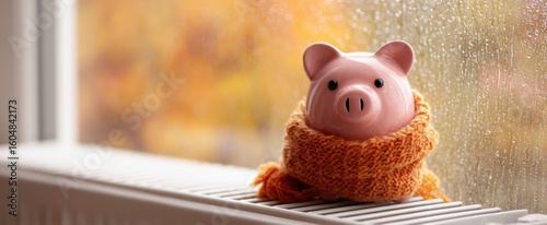 The adorable piggy bank wrapped in a cozy orange scarf on a rainy day.