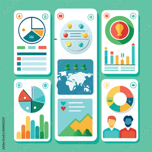 Infographic elements representing data visualizations including charts graphs and maps for reporting business analysis and population statistics
