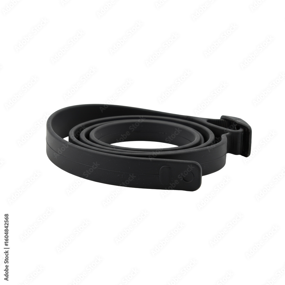 Obraz premium A single, flexible, black silicone dive mask strap, neatly coiled, isolated on a clean, seamless, transparent studio background with shadowless lighting, ultra photorealistic. Commercial product