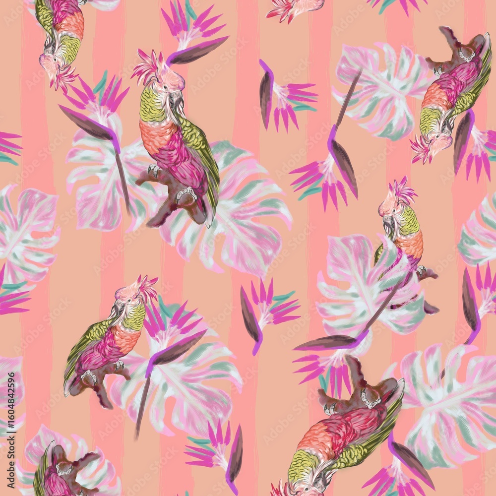 TROPICAL PRINT WITH COCKATOO AND TROPICAL FOLIAGE