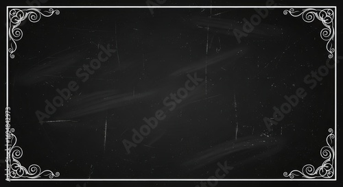 Vintage movie intro frame with ornate white corner flourishes on a textured black chalkboard background, evoking classic cinema nostalgia and elegant design