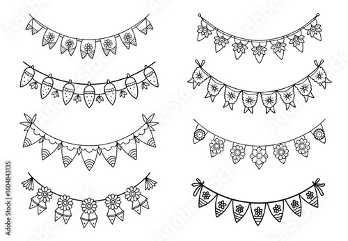 Black and white line drawing of various decorative festive bunting designs