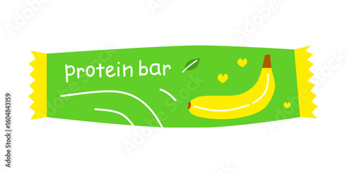 Cute flat protein bar with banana and vegan sign green leaf isolated on white background. Protein snack in packet. Hand written text.