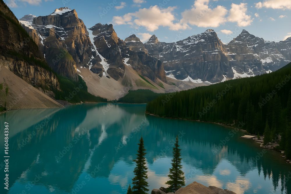 Fototapeta premium Breathtaking view of turquoise lake surrounded by pine trees and snow-capped mountains under blue sky, scenic nature landscape reflection in water, tranquil wilderness travel destination in alpine env