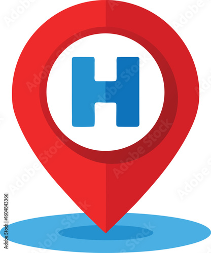 Red map pin with blue h for hospital location
