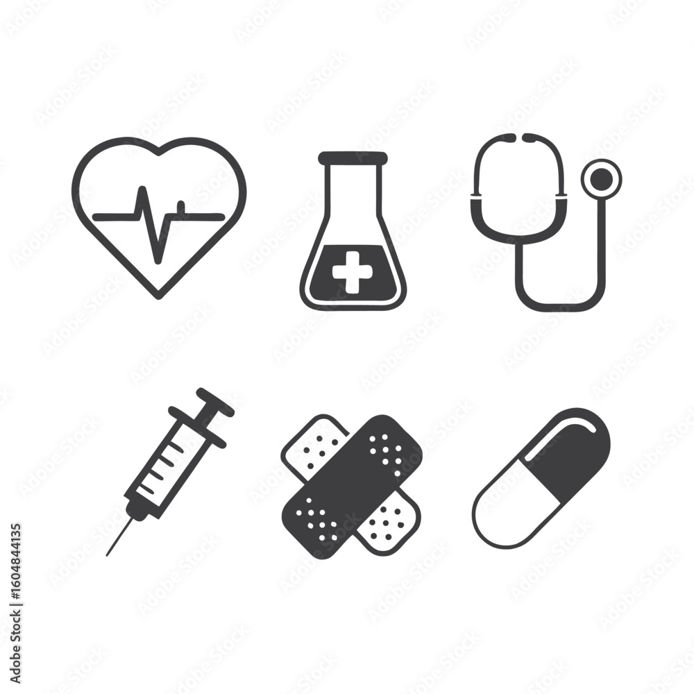 Obraz premium Medical Icons Heartbeat Stethoscope Flask Syringe Bandage Capsule health healthcare