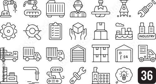 Industrial process and logistics line icon set. Manufacturing and supply chain vector symbols.