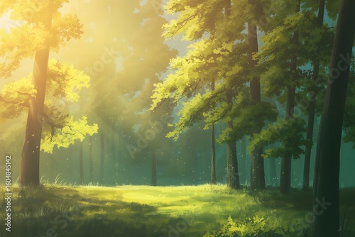 Magical Sunlit Forest Scene with Golden Rays and Green Grass