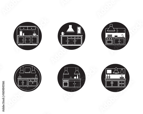 Collection of Kitchen Icon Designs Black and White Kitchen Interior Set Vector Illustration for Modern Minimalist Style Interior Designs and Layouts