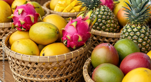 "Assortment of Tropical Fruits in Handwoven Baskets – Close-up Market Display"