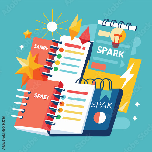 Colorful illustration of notebooks with the words spark and ideas, conceptualizing a product launch plan for marketing.
