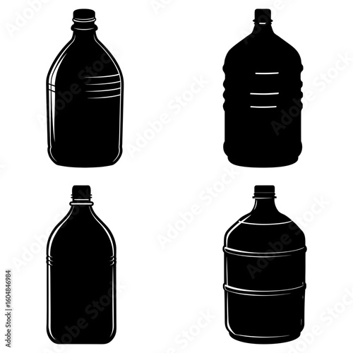 Four black and white gallon water bottles with different designs and shapes on a plain white background view