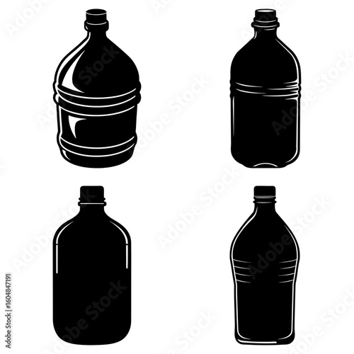 Illustration of four black gallon jugs with different shapes in a symmetrical arrangement on white background