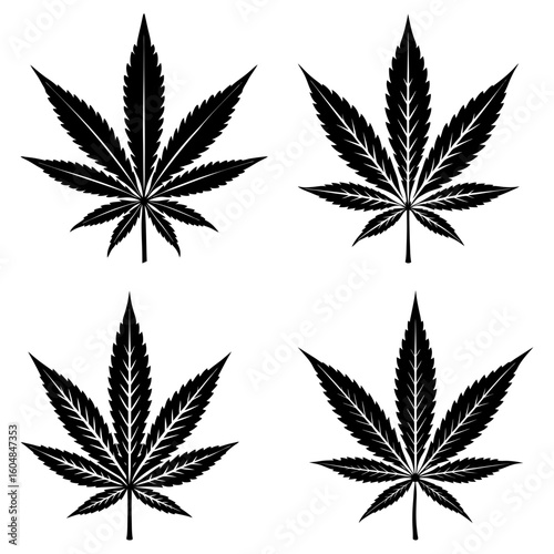 Four black cannabis sativa leaves arranged in a square pattern on a white background drawing image