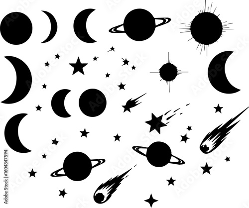 Black and white vector illustration featuring celestial elements: moon phases, stars, planets with rings, comets, and a sunburst.