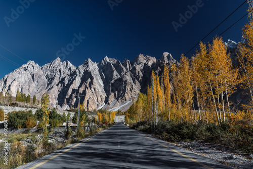The autumn scenery with Tupopdan, Passu Cathedral or Passu Cones, is a mountain in northern Pakistan