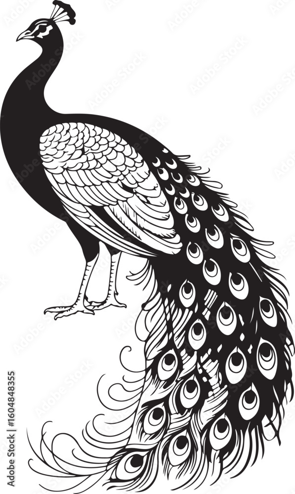 Fototapeta premium Elegant Peacock Vector Illustration with Detailed Feather Patterns and Long Tail