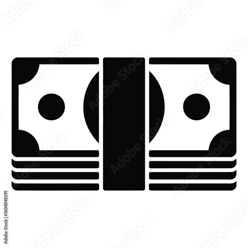 Black and white icon of stacked banknotes with circles and rounded corners money cash