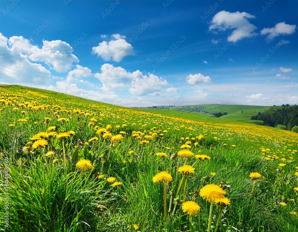 green field with yellow dandelions and blue sky panoramic view to grass and flowers on the hill on sunny spring day green field with yellow dandelions and blue sky panoramic view to grass and flowers on the hill on sunny spring day