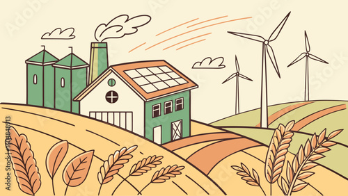 Illustration of a sustainable farm with solar panels wind turbines and agricultural fields view from afar