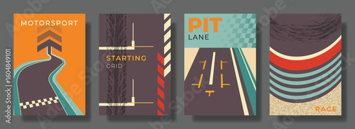 vector set motorsport background, racing poster, corner, pitstop, race track. flyer, book cover, brochure	