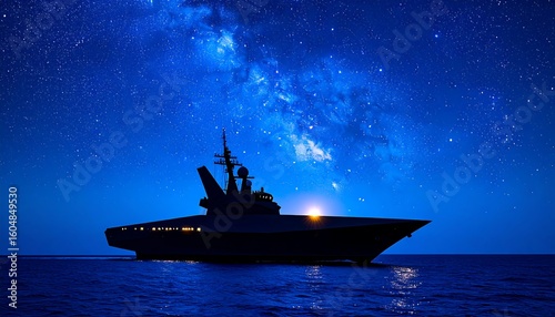Fototapeta Naklejka Na Ścianę i Meble -  Silhouette of a ship at night under a milky way