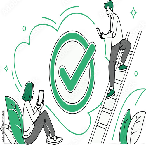 A person jumping with a phone showing a checkmark and a checkmark speech bubble near leaves art