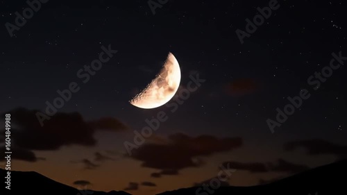 Crescent moon in a twilight sky with clouds