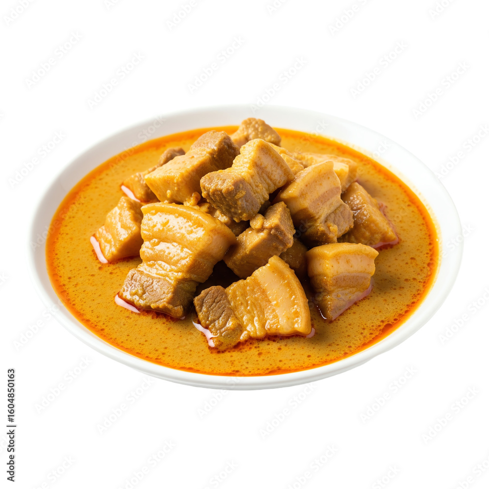 Gaeng Hung Lay (Pork Belly Curry) isolated on white background: A portion of the rich, aromatic curry in a serving dish. Gaeng Hung Lay (Pork Belly Curry) isolated on white background: A portion of the rich, aromatic curry in a serving dish.