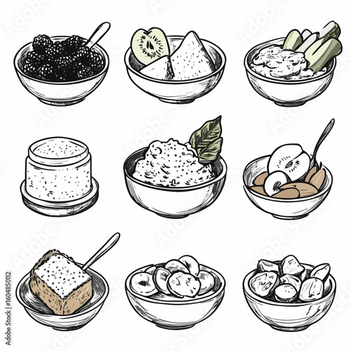 Variety of delicious foods in bowls illustrated in sketch style, for a Prediabetes and Type 2 Diabetes diet 