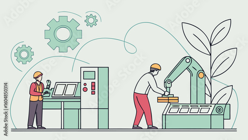 Illustration of two workers operating machinery in a factory setting with gears and plant life