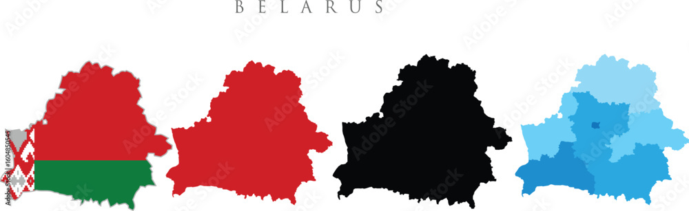 Obraz premium Set of isolated Belarus maps. Belarus map in official colours ,proportions and silhouette. Maps and traveling around the world. 