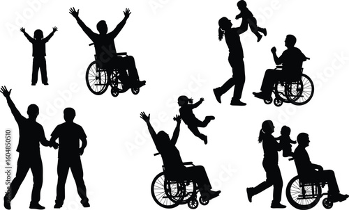 Inclusive family silhouette, children and wheelchair users bonding, outdoor fun, emotional connection, diverse abilities, unity, love, black vector illustration