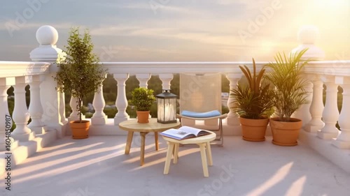 Wallpaper Mural Sunlit Balcony Terrace with Cozy Seating and Potted Plants Torontodigital.ca